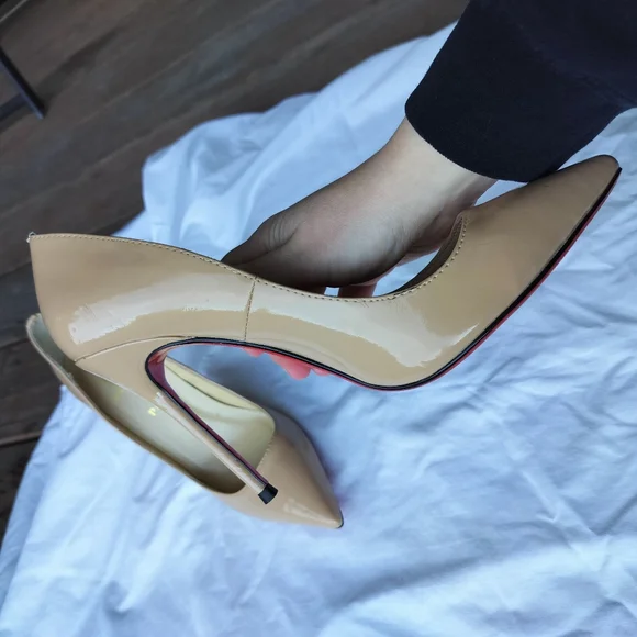 Christian Louboutin Nude Tan Patent Leather Stiletto Pump Heels Pointy Toe - Picture 7 of 14
